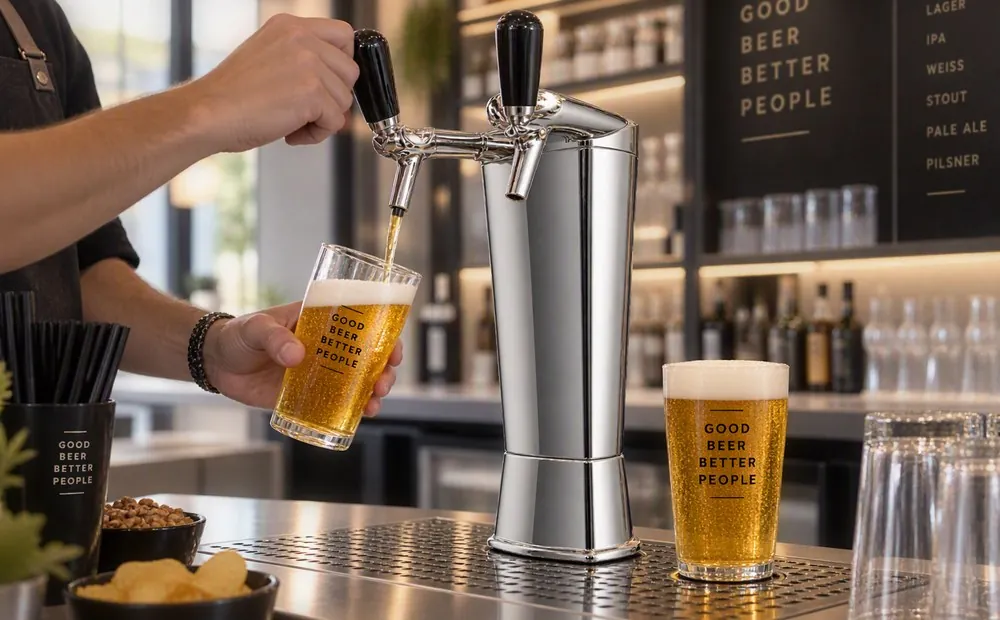 Bartender pouring a beer from the chrome tower at the counter